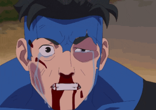 a cartoon of a man with blood coming out of his nose and mouth