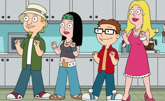 a group of cartoon characters are standing in a kitchen with their fists in the air