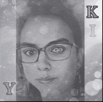 a black and white photo of a woman wearing glasses with the letters k and i above her