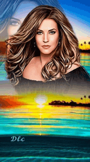 a painting of a woman with a sunset in the background and the name dlc on the bottom