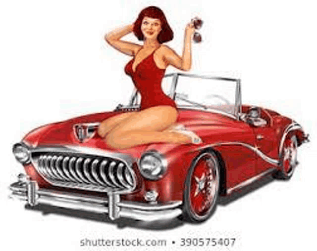 a woman in a red swimsuit is sitting on the hood of a red car .