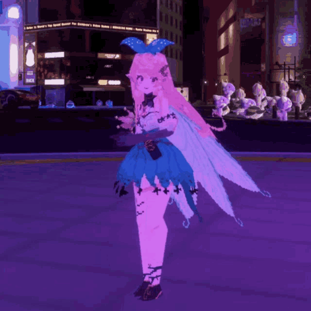 a cartoon girl with pink hair and wings is standing in front of a sign that says ' jack ' on it
