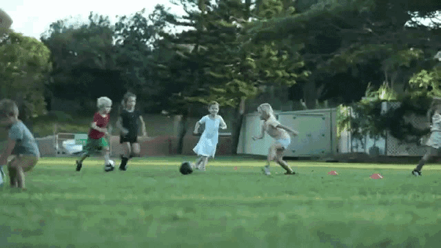 a group of young children are playing soccer on a lush green field