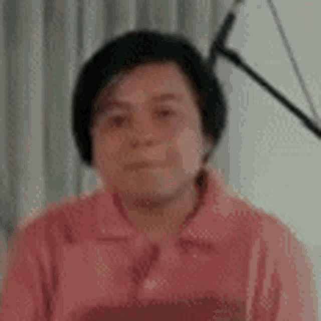 a woman in a pink shirt is sitting in front of a microphone in a room .