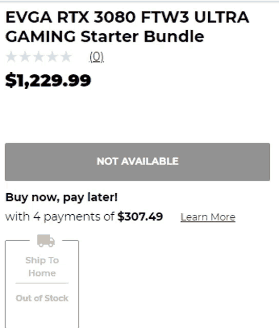 an evga rtx 3080 ftw3 ultra gaming starter bundle for $ 1,229.99 is not available