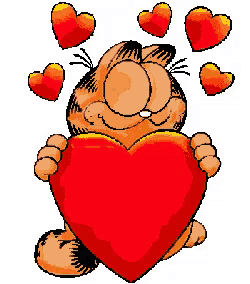 garfield holding a red heart with hearts surrounding him