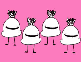 four cartoon characters are standing next to each other with different colors of hats