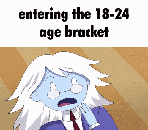 a picture of a cartoon character with the words entering the 18-24 age bracket above her