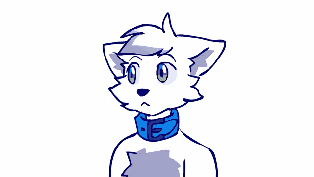 a drawing of a white cat with a blue scarf around his neck