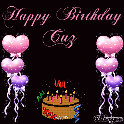 a birthday card with a cake and balloons that says " happy birthday cuz "