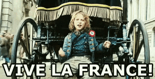 a young boy is sitting in a horse drawn carriage with the words vive la france written above him .
