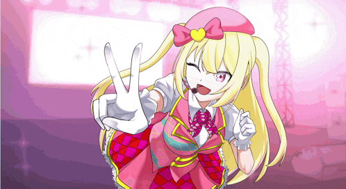 a girl with blonde hair and a pink bow on her head giving a peace sign