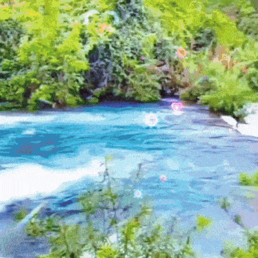 a painting of a river surrounded by trees and plants