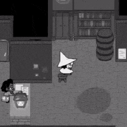 a black and white cartoon of a witch in a room