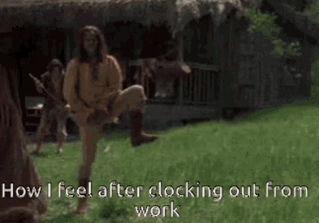 a man and a woman are standing in a field with the words how i feel after clocking out from work on the bottom