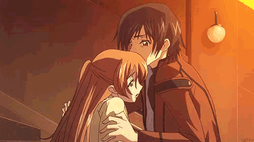 a boy and a girl are hugging each other in an anime .