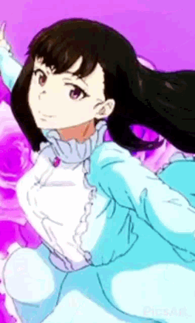 a girl with long black hair is wearing a blue dress