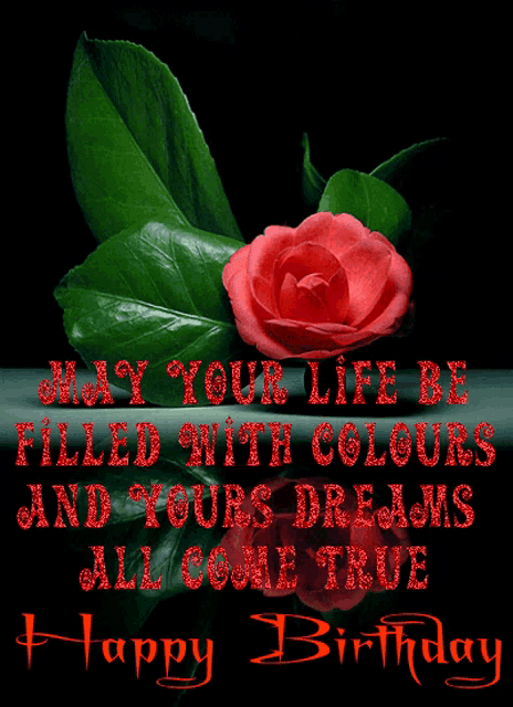 a happy birthday card with a red rose and green leaves