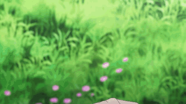 a person is standing in a field of tall grass with purple flowers .