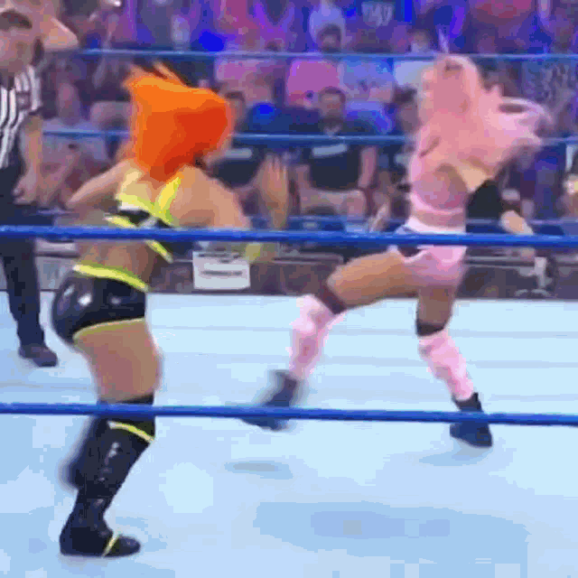 two women are wrestling in a wrestling ring .