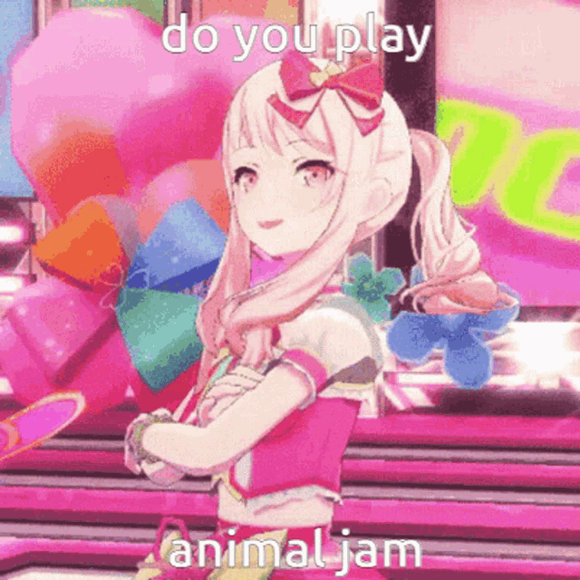 a girl in a pink outfit is standing in front of balloons and says do you play animal jam .
