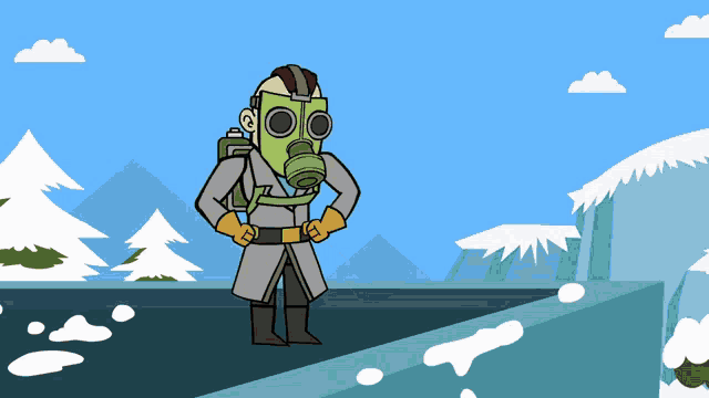 a cartoon of a man wearing a gas mask and gloves