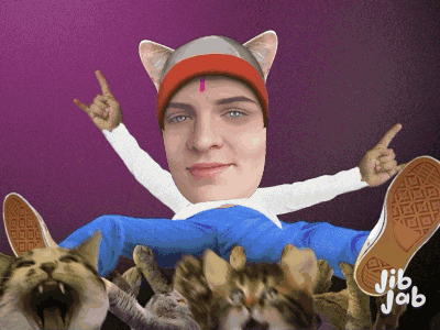 a cartoon of a man surrounded by cats with jib jab written on the bottom right