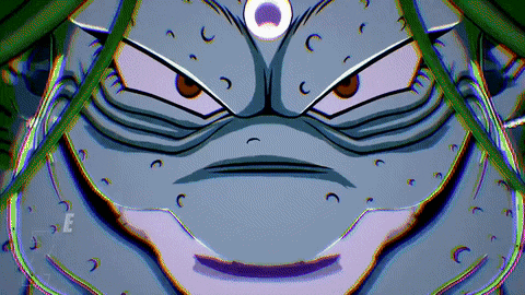 a close up of a cartoon character 's face with a green background