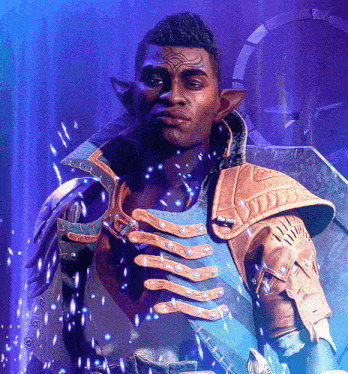 a man with a tattoo on his face is wearing a blue and brown armored outfit