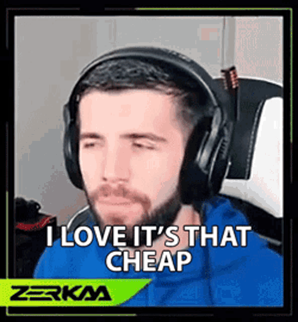 a man wearing headphones is sitting in a chair and saying `` i love it 's that cheap '' .