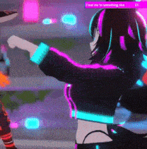 a girl in a neon outfit is dancing in a video game and says treat me to something nice
