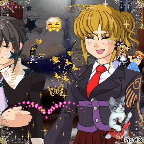 a girl with a star on her head is holding a cat and a guitar with picmix written at the bottom
