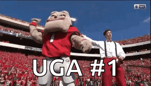 a mascot in a stadium with uga # 1 written on the bottom