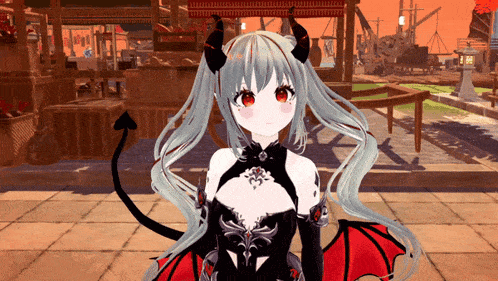 a girl with horns and wings is standing in front of a cart