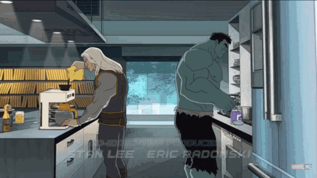a cartoon of a man and a hulk in a kitchen with executive producers stan lee and eric radonski