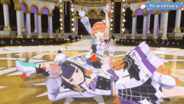 two anime girls on a stage with a sign that says #kiara4years on it
