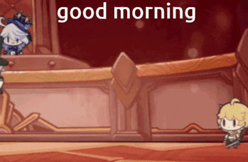 a cartoon character says good morning in front of a large chest