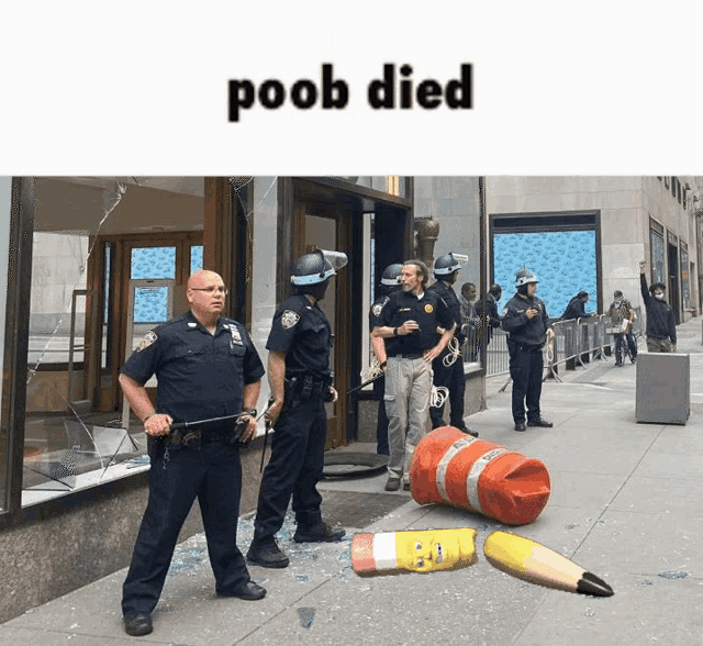 a group of police officers standing on a sidewalk with the words poob died on the top