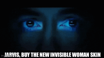 a gif of a woman 's face with the words jarvis buy the new invisible woman skin below it