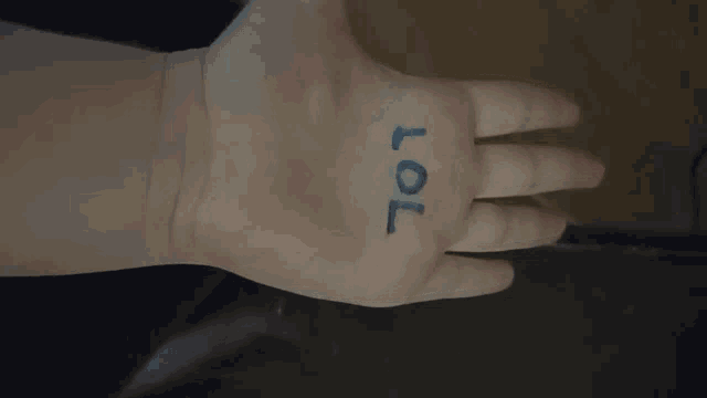 a person 's hand has the word lol written in blue marker