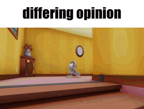 a cartoon drawing of a room with the words " differing opinion " on the bottom