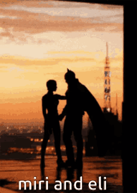 a silhouette of a man holding a woman 's hand with the words " miri and eli " below them