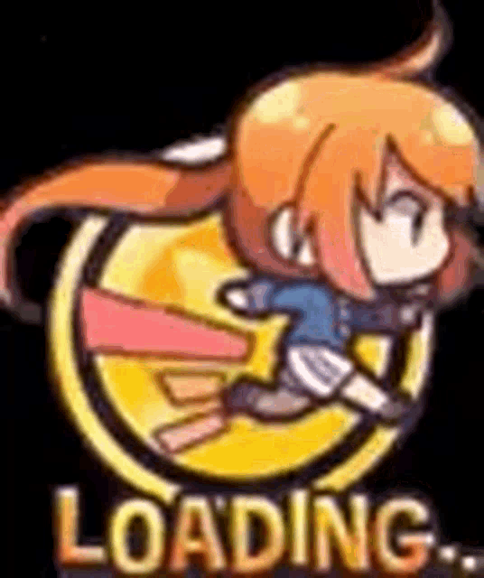 a cartoon girl is flying through the air in front of a loading sign .