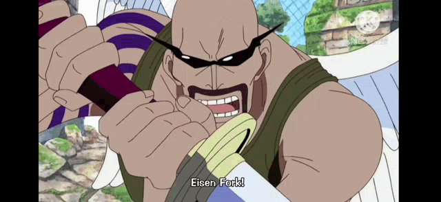 a bald man is holding a sword and says " eisen fork "