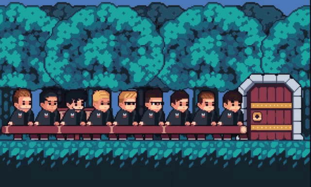 a pixel art of a group of men standing in a line