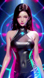 a woman in a futuristic outfit is standing in front of a neon background .