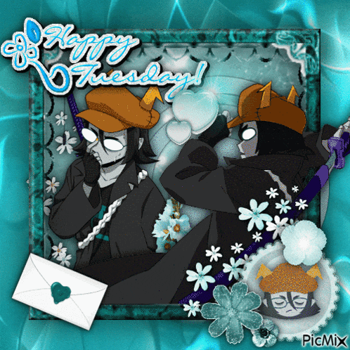 a happy tuesday greeting card with two cartoon characters and flowers