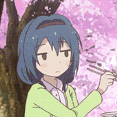 a cartoon girl with blue hair is holding chopsticks in front of a tree with cherry blossoms .