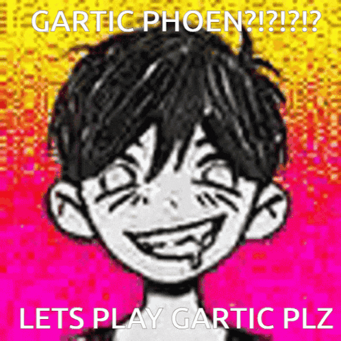 gartic phoen ? lets play gartic plz written on a cartoon character 's face