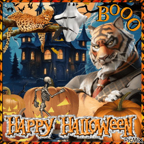 a picture of a tiger and a skeleton with the words happy halloween
